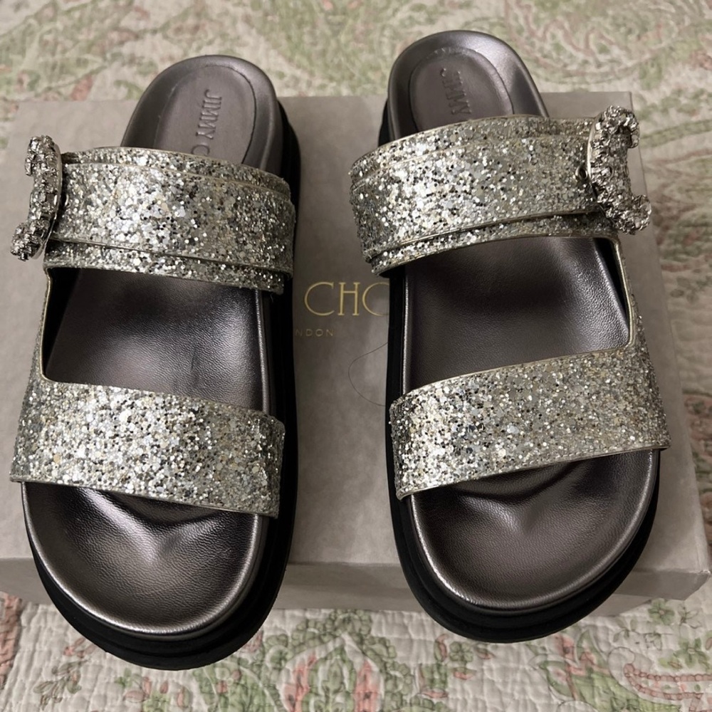 Jimmy Choo Silver Sparkle Sandals with Wide Straps
